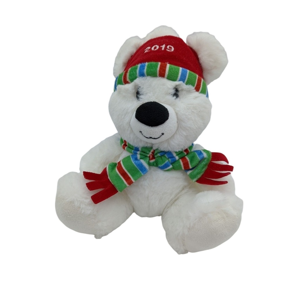 American Greetings Bear 9" Plush White with‎ Hat Scarf Holiday Christmas Stuffed